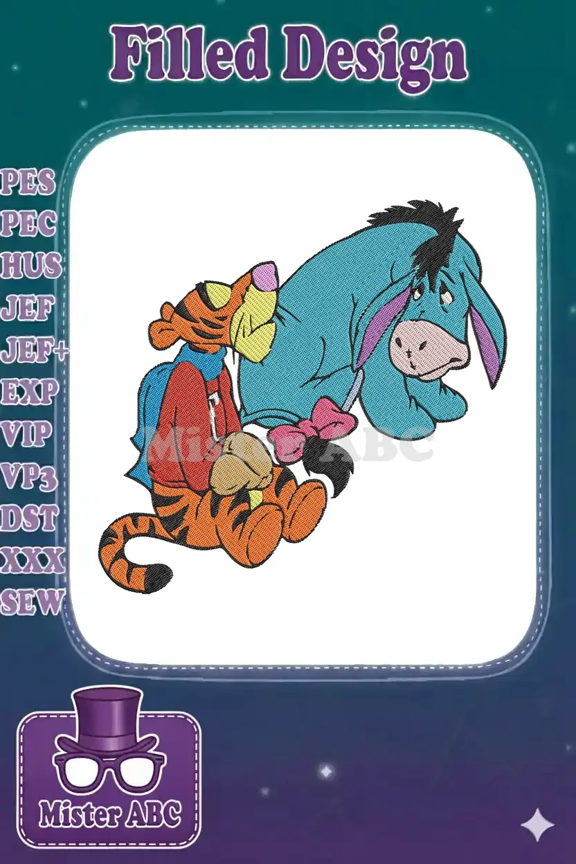 A charming embroidery design featuring Tigger in a red shirt embracing a blue Eeyore with a pink bow. A heartwarming Disney character duo.