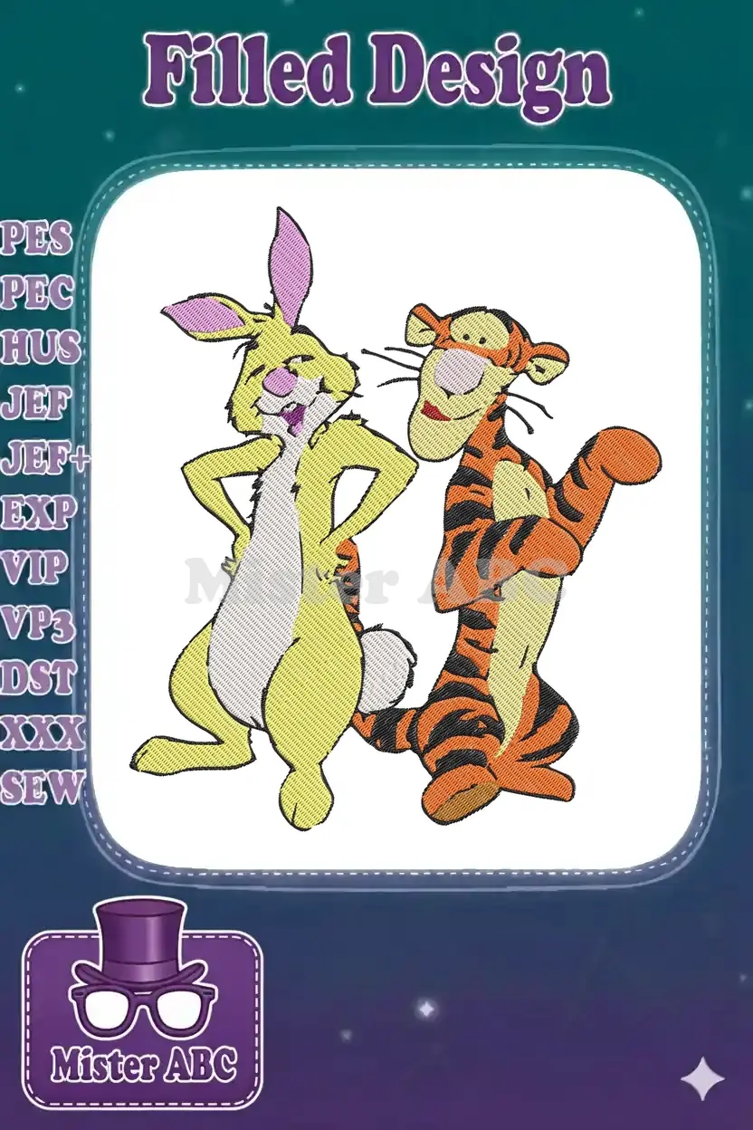 Embroidered design of Tigger and Rabbit from Winnie the Pooh, standing together with joyful expressions, suitable for apparel or decor.