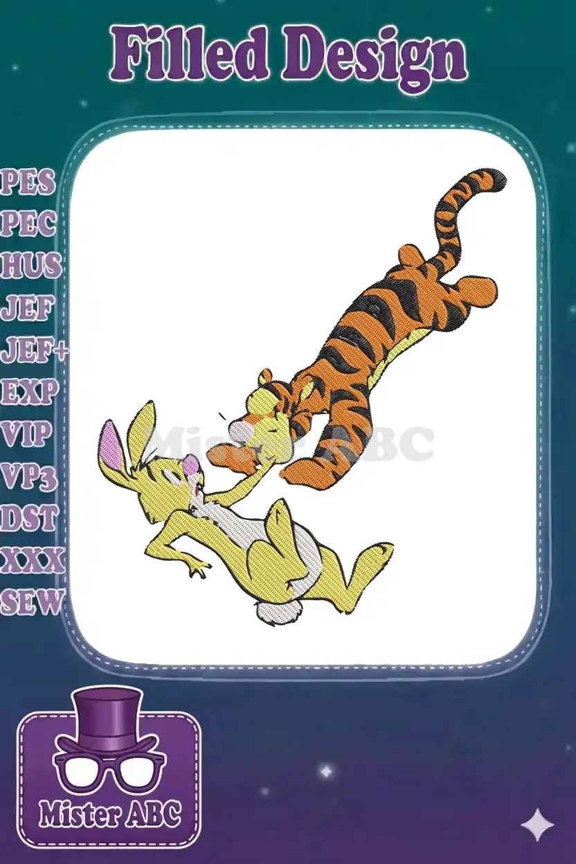 Vibrant embroidery design featuring Tigger playfully pouncing on a surprised Rabbit, showcasing detailed stitching.