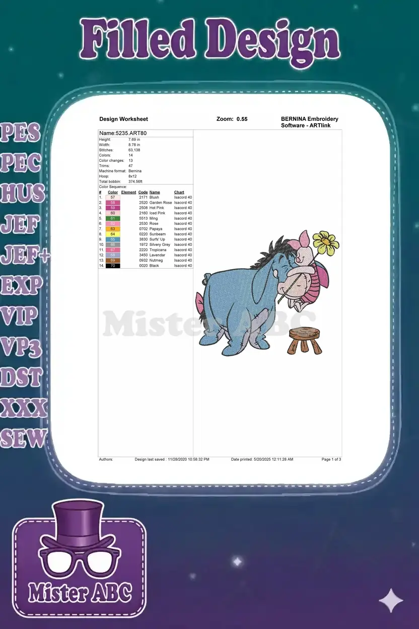 Detailed embroidery design worksheet for Eeyore and Piglet, showing specifications, color chart, and stitch count.