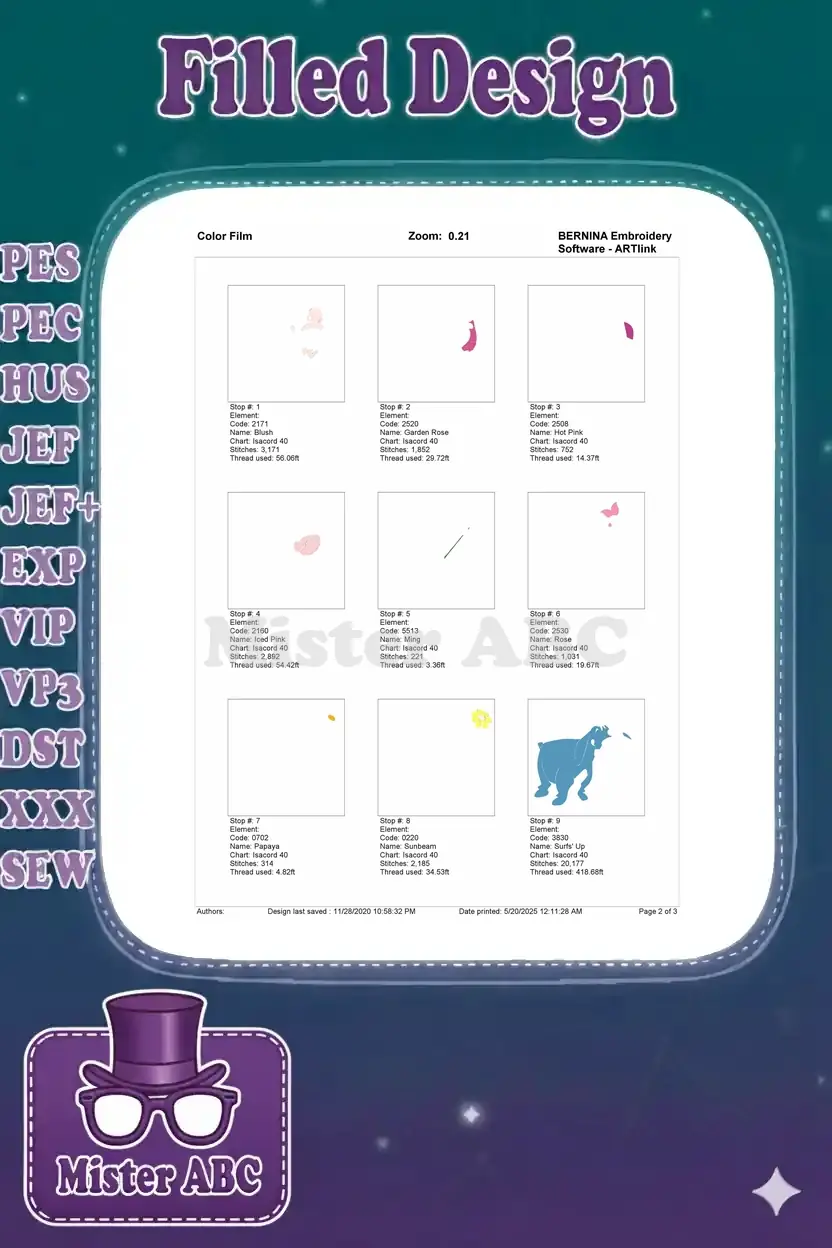 First page of the color film for the Eeyore and Piglet embroidery, showing initial color stop details and thread usage.