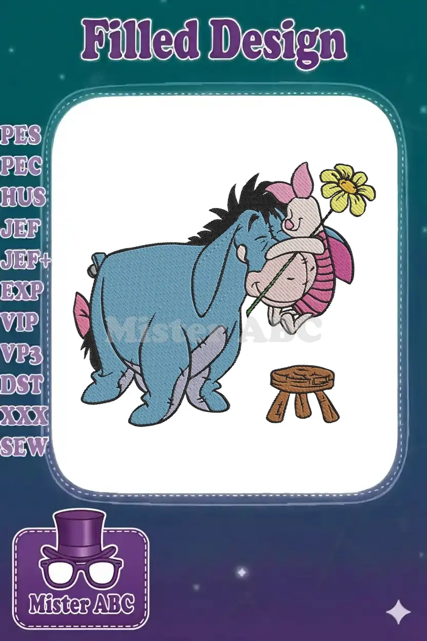 Heartwarming embroidery of Eeyore hugging Piglet holding a yellow flower, with a small brown stool nearby.