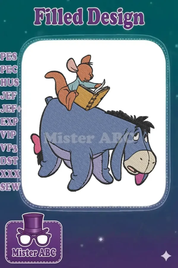 Detailed embroidery design of Eeyore carrying Roo on his back, with Roo engrossed in reading a book.