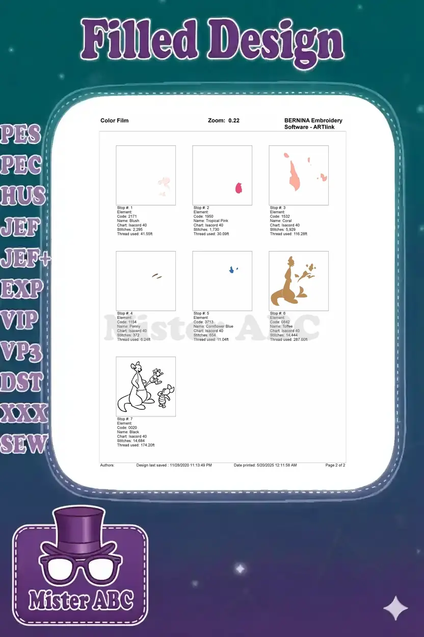 Color film breakdown of the Kanga, Roo, and Piglet embroidery design, showing each thread color layer.