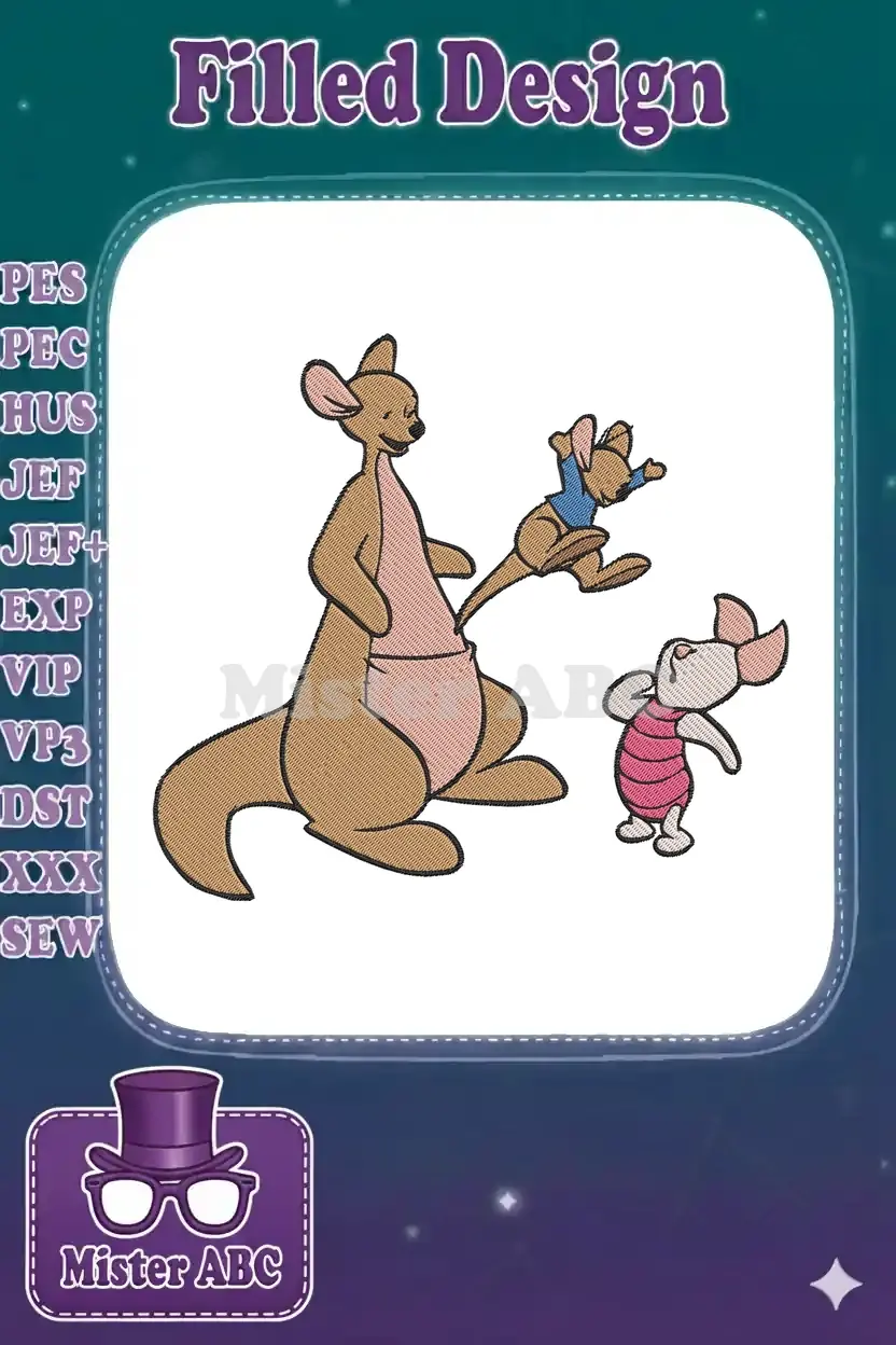 Embroidered design of Kanga, Roo, and Piglet from Winnie the Pooh, showcasing detailed stitching and vibrant colors.
