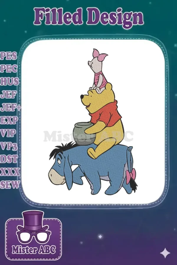 An enchanting embroidery design featuring Eeyore, Winnie the Pooh, and Piglet stacked in a playful pose.