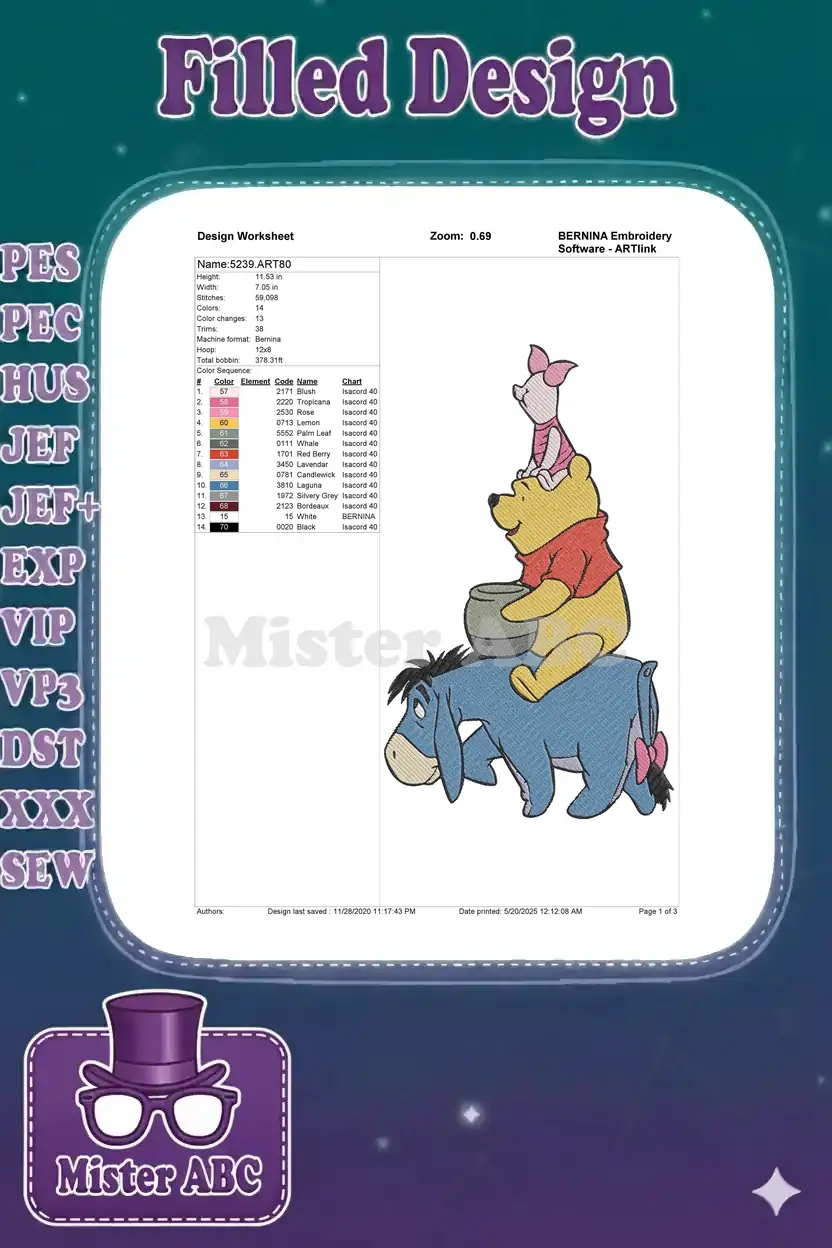 Detailed embroidery design worksheet with dimensions, stitch count, color chart, and recommended threads.