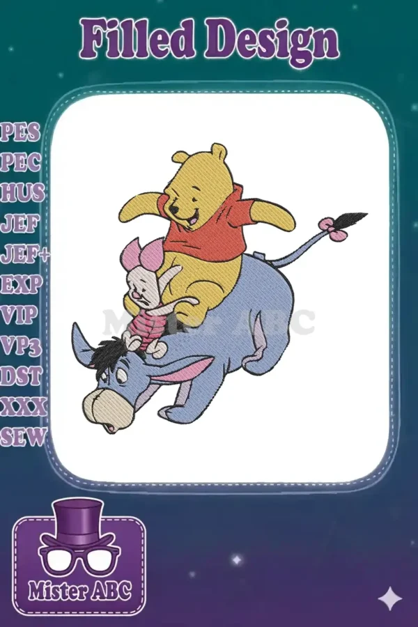 Winnie the Pooh riding Eeyore's back with Piglet perched on Pooh, a joyful and detailed embroidery design.