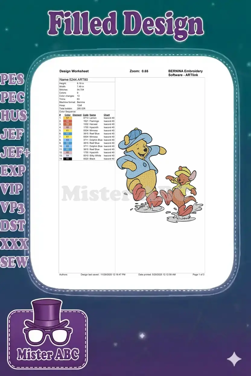 Embroidery design worksheet for Pooh and Roo, showing dimensions, stitch count, color sequence, and thread details.