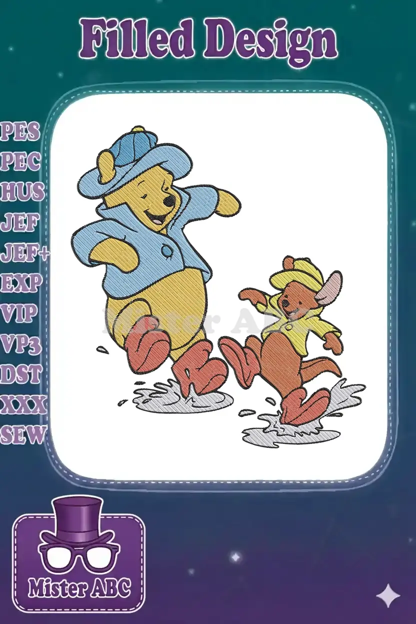Winnie the Pooh and Roo embroidery design, happily splashing in puddles with rain gear on a white background.