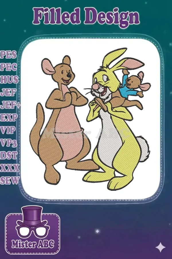 Kanga, Rabbit, and Roo embroidery design, showing a playful scene in vibrant colors with detailed stitching.