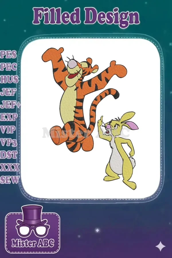 A lively embroidery design featuring Tigger bouncing joyfully above a surprised, finger-pointing Rabbit.