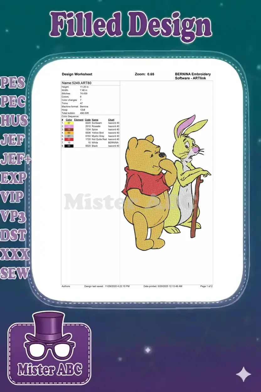 Embroidery design worksheet for Pooh and Rabbit, detailing dimensions, stitch count, color sequence, and thread types.