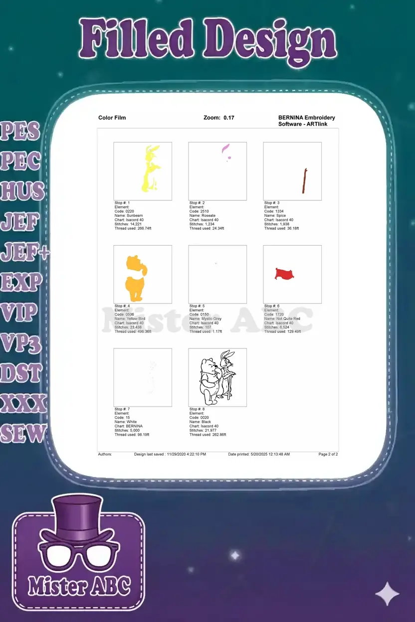 Embroidery color film showing the layered stitch process for the Winnie the Pooh and Rabbit design, color by color.