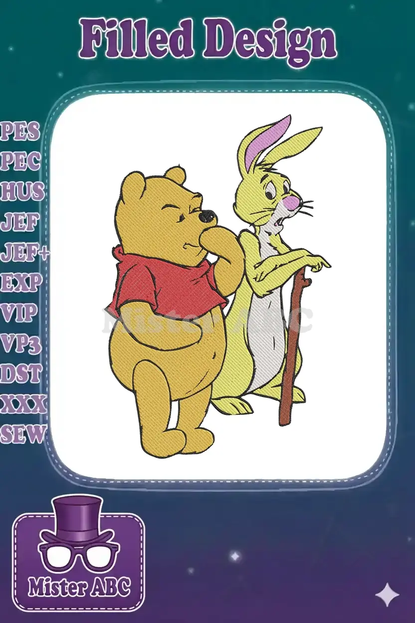 Winnie the Pooh and Rabbit embroidery design, showcasing a thoughtful Pooh and a surprised Rabbit with a stick.