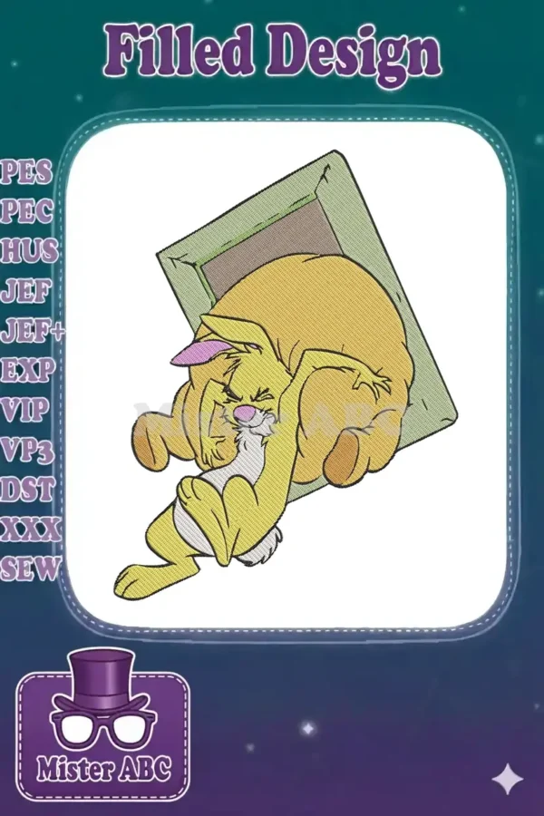 Close-up of a charming yellow rabbit embroidery design, peacefully sleeping on a green pillow, showcasing intricate thread work.