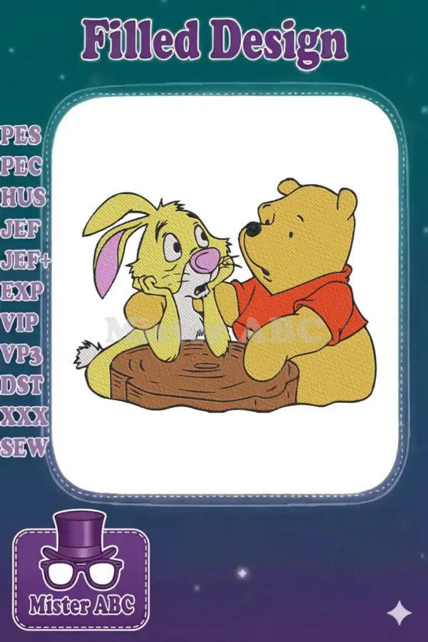 Winnie the Pooh and Rabbit embroidery design, showing Rabbit looking surprised while Pooh listens attentively.