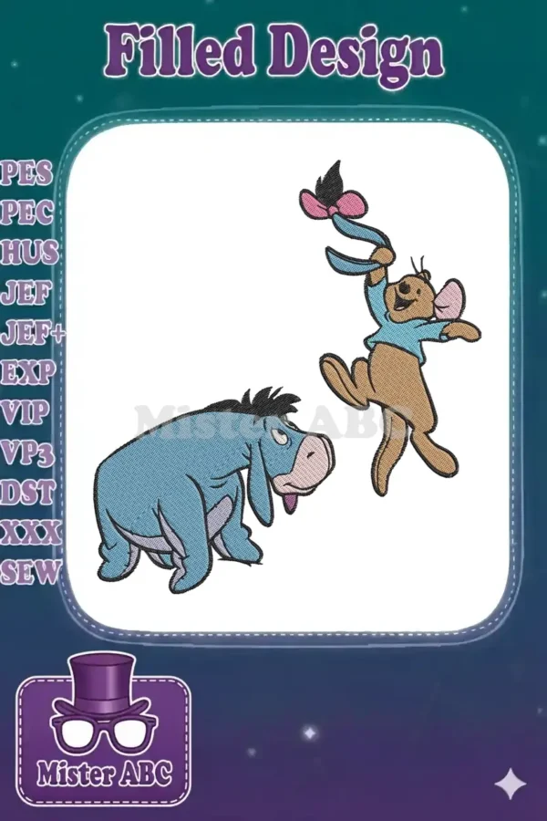 Embroidered Eeyore and Roo design, Eeyore looking down, Roo jumping joyfully with a pink bow.