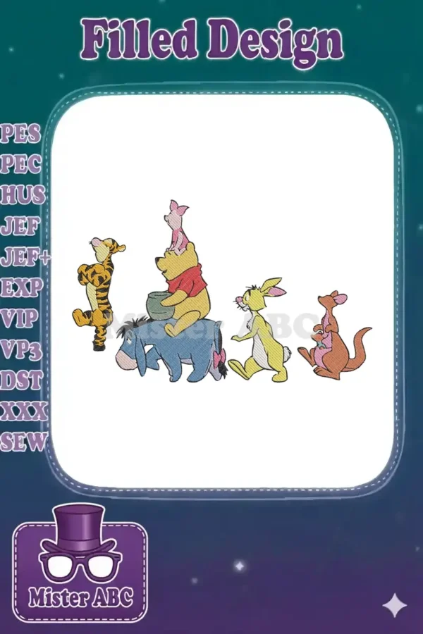 Winnie the Pooh, Piglet, Tigger, Eeyore, Rabbit, Kanga, and Roo in a charming, stacked embroidery design.
