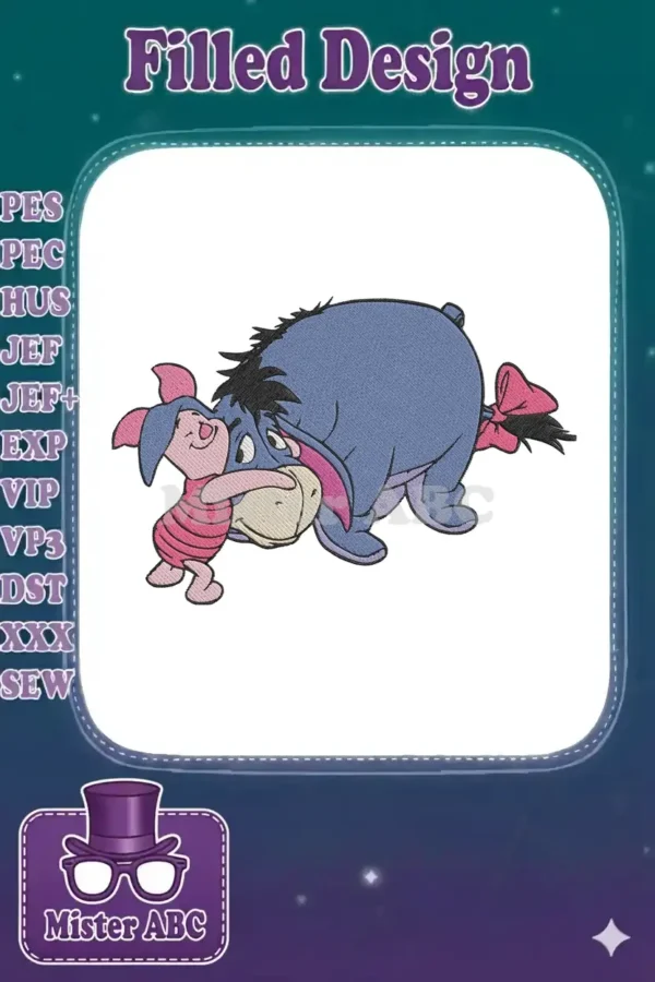 A detailed embroidery design of Piglet lovingly hugging Eeyore, showcasing intricate stitches and vibrant colors.