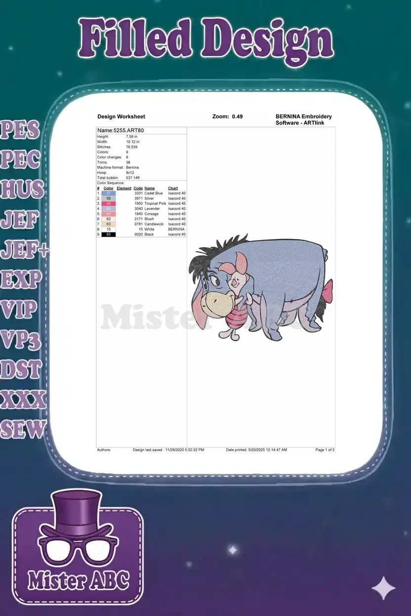 An embroidery design worksheet detailing stitch count, dimensions, color sequence, and thread types for the Eeyore and Piglet design.
