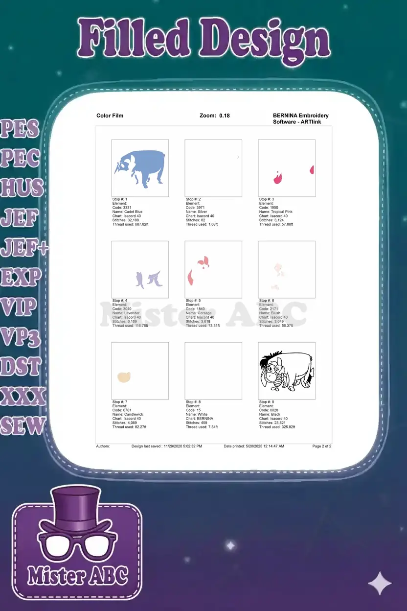 A color film breakdown of the Eeyore and Piglet embroidery design, showing individual thread layers and stitch counts.