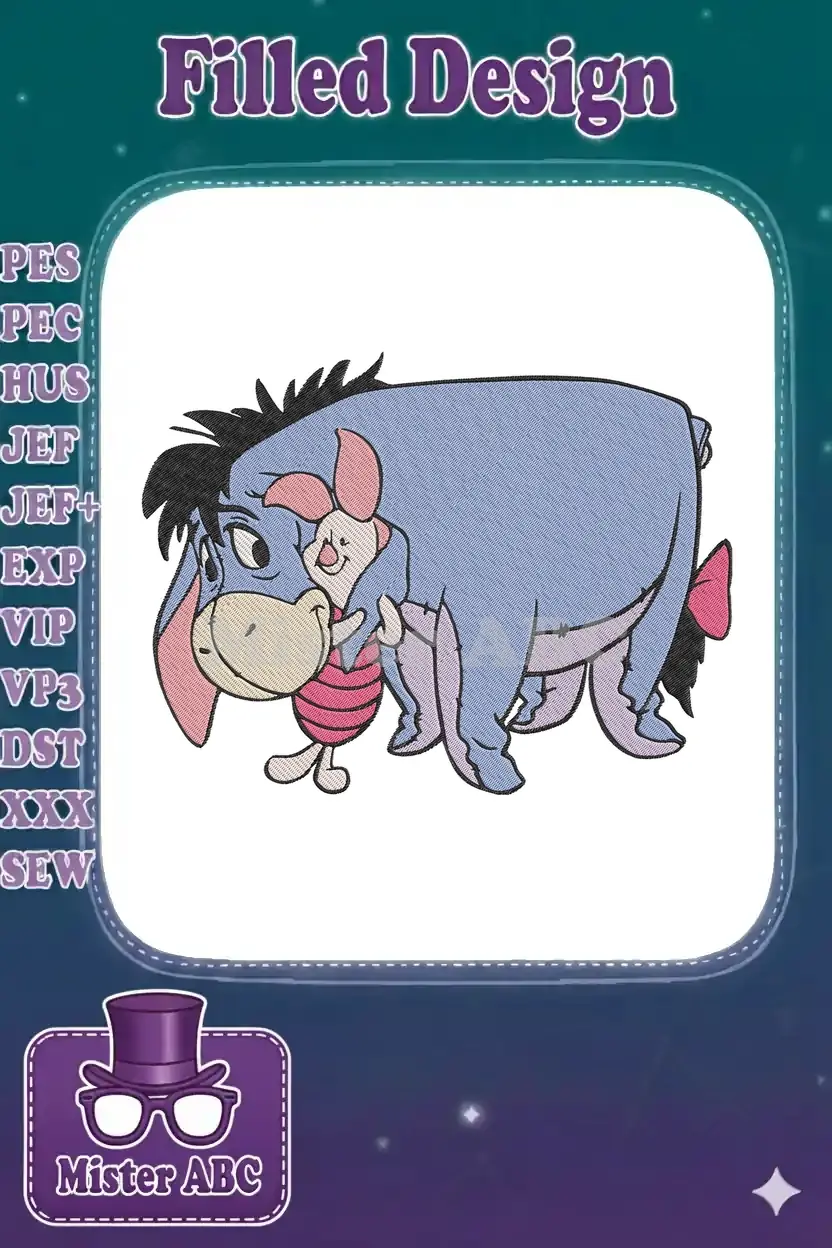 An adorable embroidery design featuring Eeyore and Piglet from Winnie the Pooh, showing their close friendship.