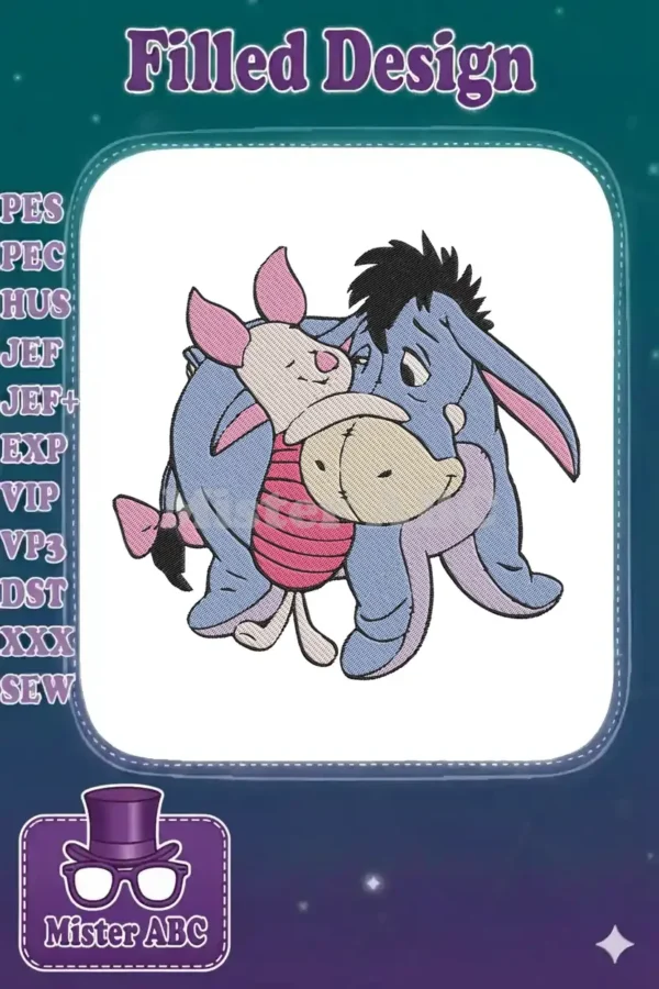 Adorable Eeyore and Piglet embroidery design, showcasing their heartfelt hug with detailed stitching and vibrant colors on a white background.
