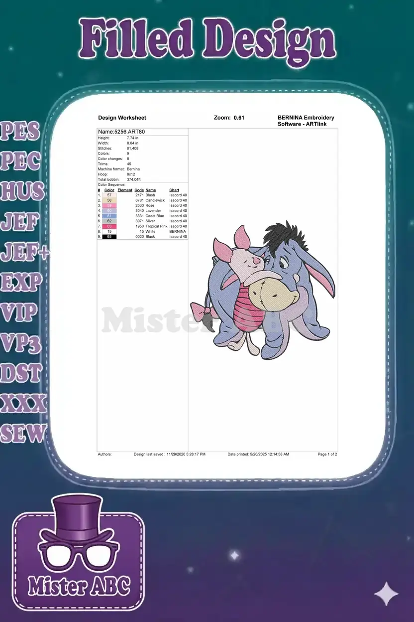 Embroidery design worksheet for Eeyore and Piglet hug, detailing dimensions, stitch count, color sequence, and thread codes.