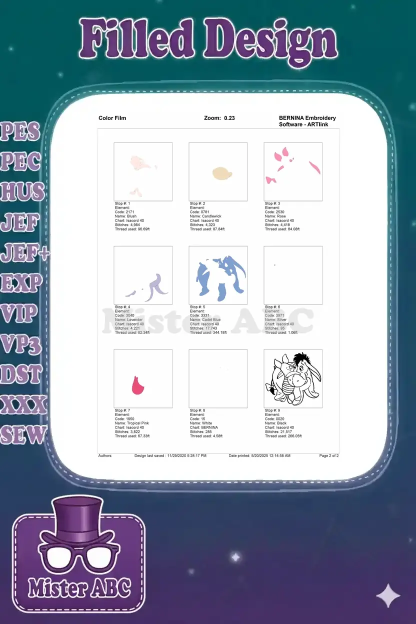 Color film sequence for the Eeyore and Piglet embroidery, showing individual color passes and their stitch counts.