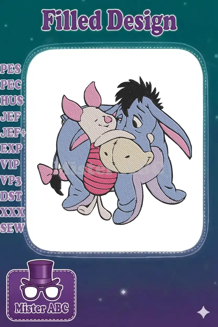 Adorable Eeyore and Piglet embroidery design, showcasing their heartfelt hug with detailed stitching and vibrant colors on a white background.