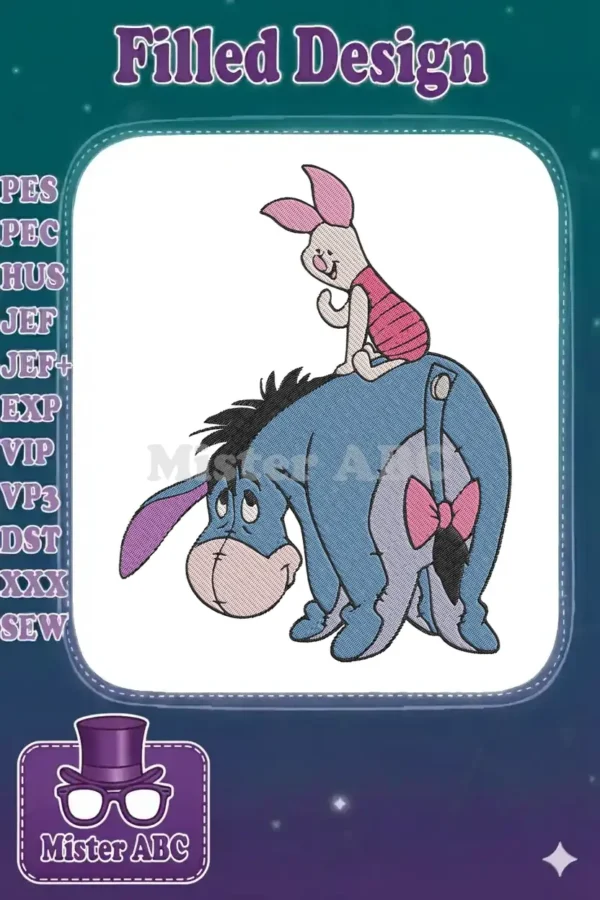 An adorable embroidery design featuring Eeyore with Piglet on his back, showcasing friendship and vibrant fill stitches.