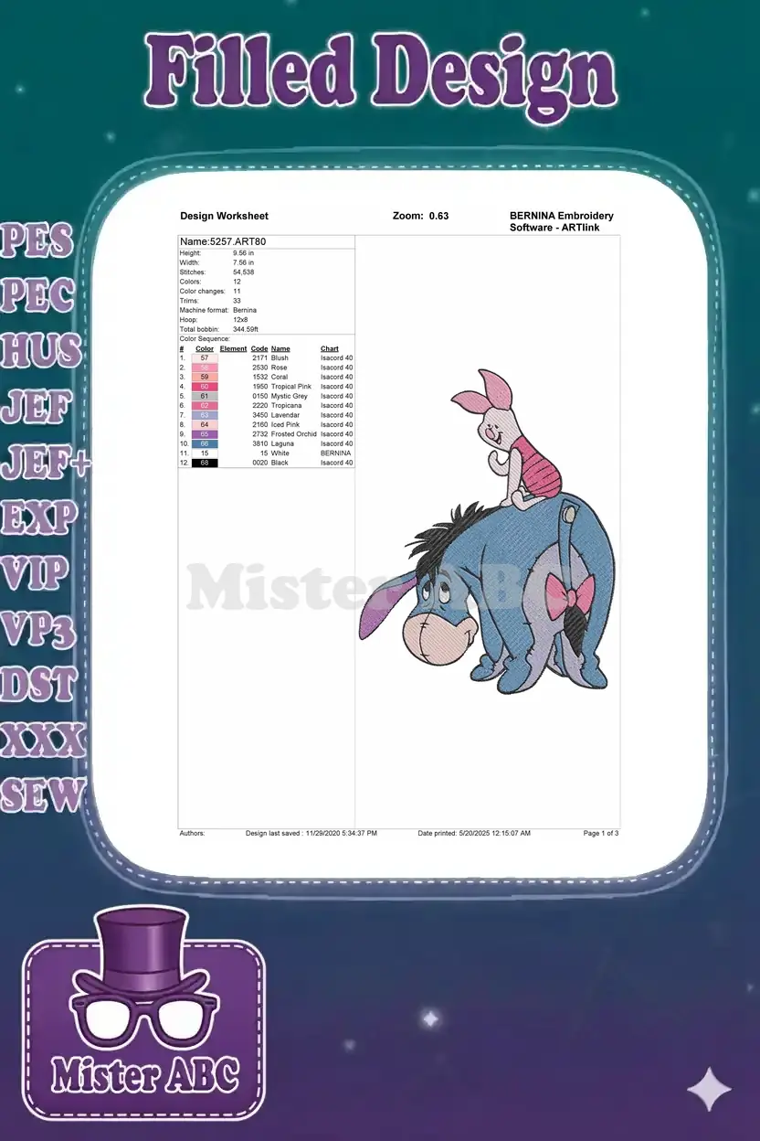 A detailed embroidery design worksheet for '5257.ART80', showing stitch count, dimensions, and thread color sequence.