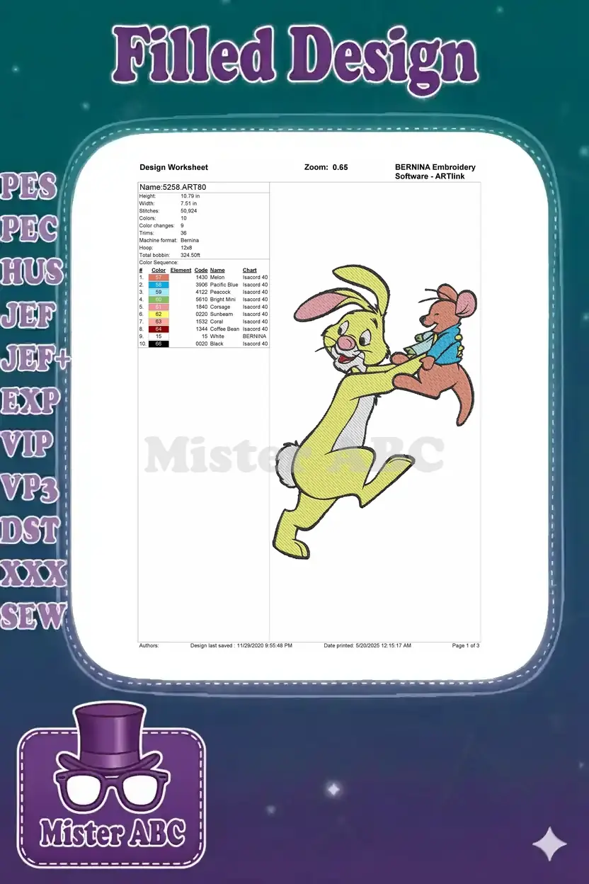 Detailed embroidery design worksheet for Rabbit and Roo, showing dimensions, stitch count, and thread color sequence.