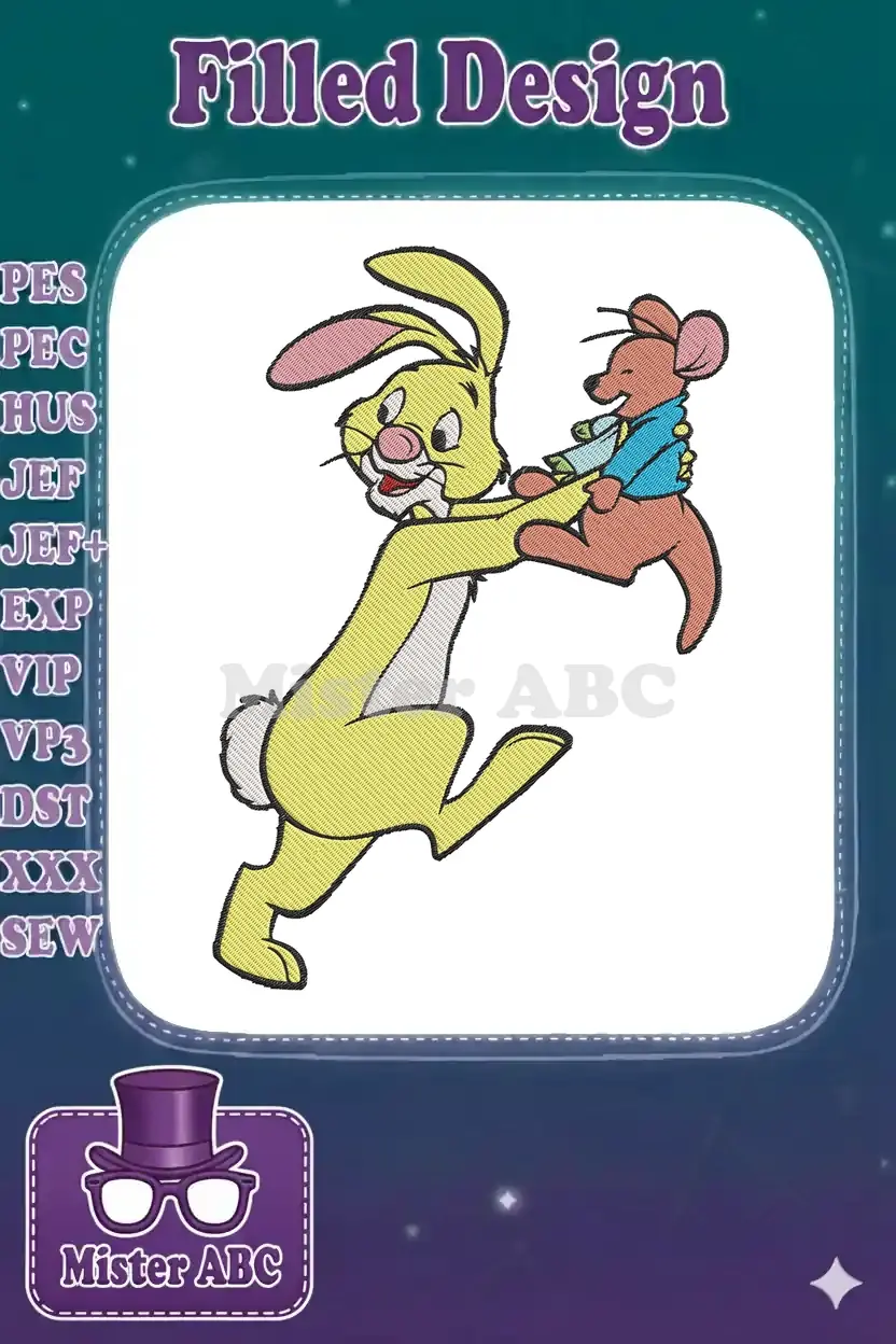 Vibrant embroidery design of Rabbit carrying Roo from Winnie the Pooh, showcasing their playful adventure together.