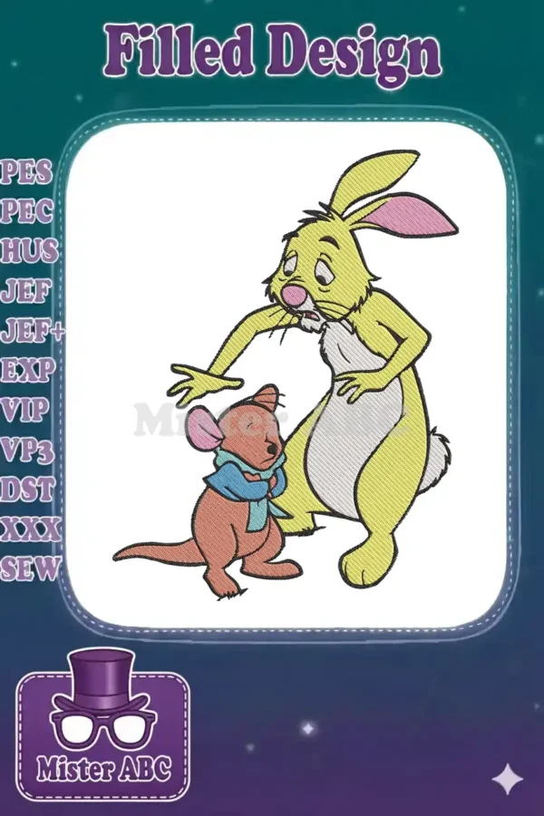 Embroidered Rabbit looking concerned at a bundled-up Roo, a heartwarming scene from Winnie the Pooh, perfect for apparel.