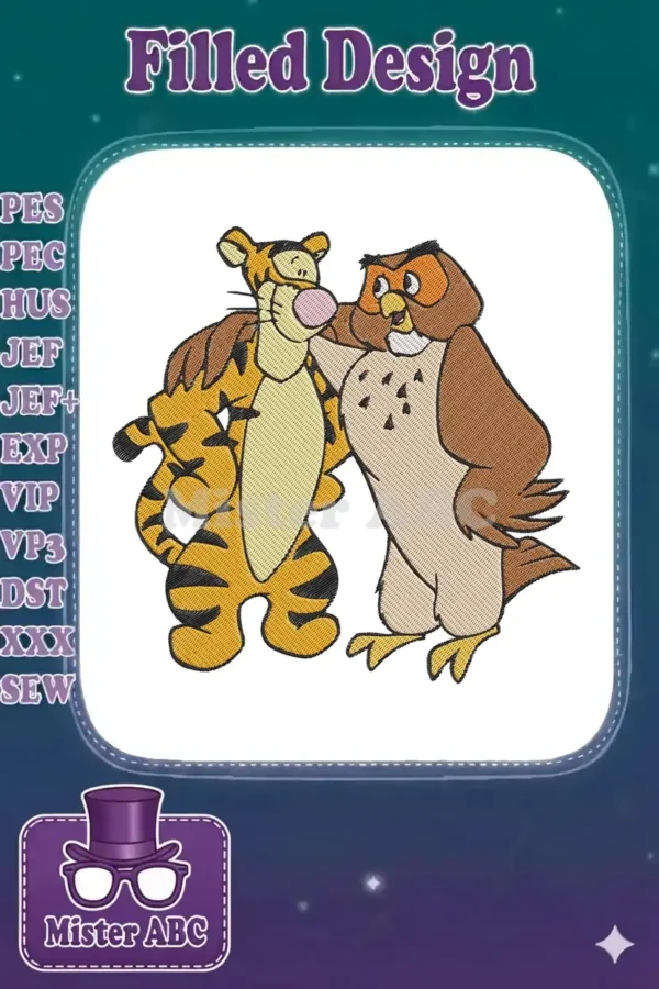 Vibrant embroidery design of Tigger and Owl from Winnie the Pooh, depicting their friendly interaction in full color.