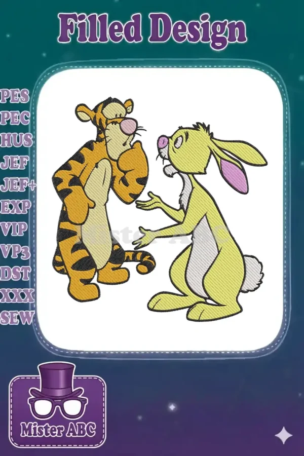 Embroidered Tigger and Rabbit from Winnie the Pooh, conversing with detailed fill stitch on white background.