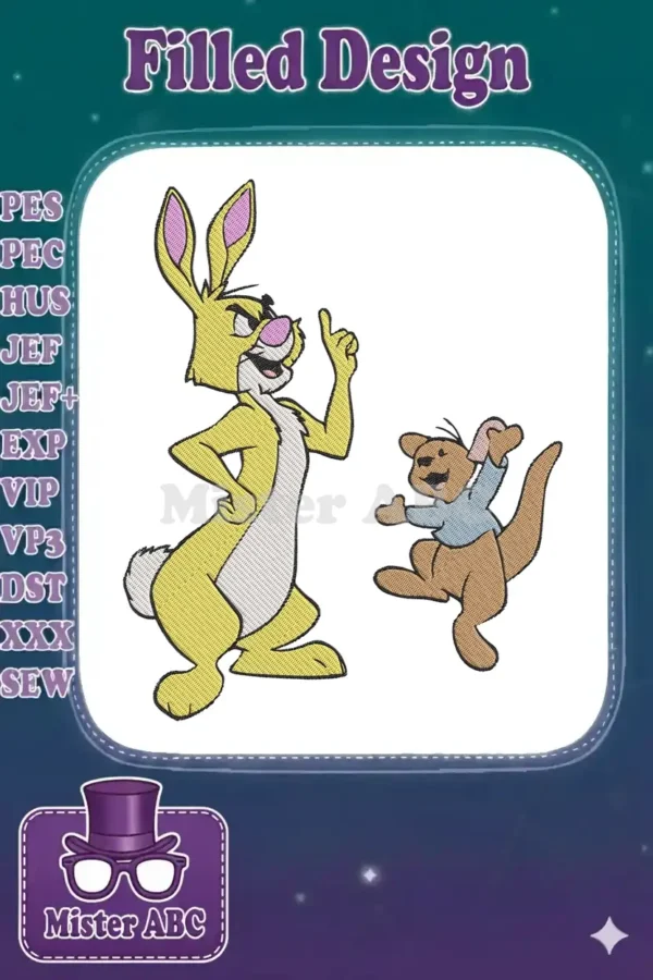 Embroidery design of a yellow Rabbit with a stern look, pointing, next to a cheerful brown Roo jumping happily.