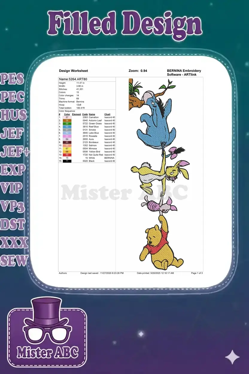A detailed embroidery design worksheet for '5264.ART80', showing dimensions, stitch count, and color chart.