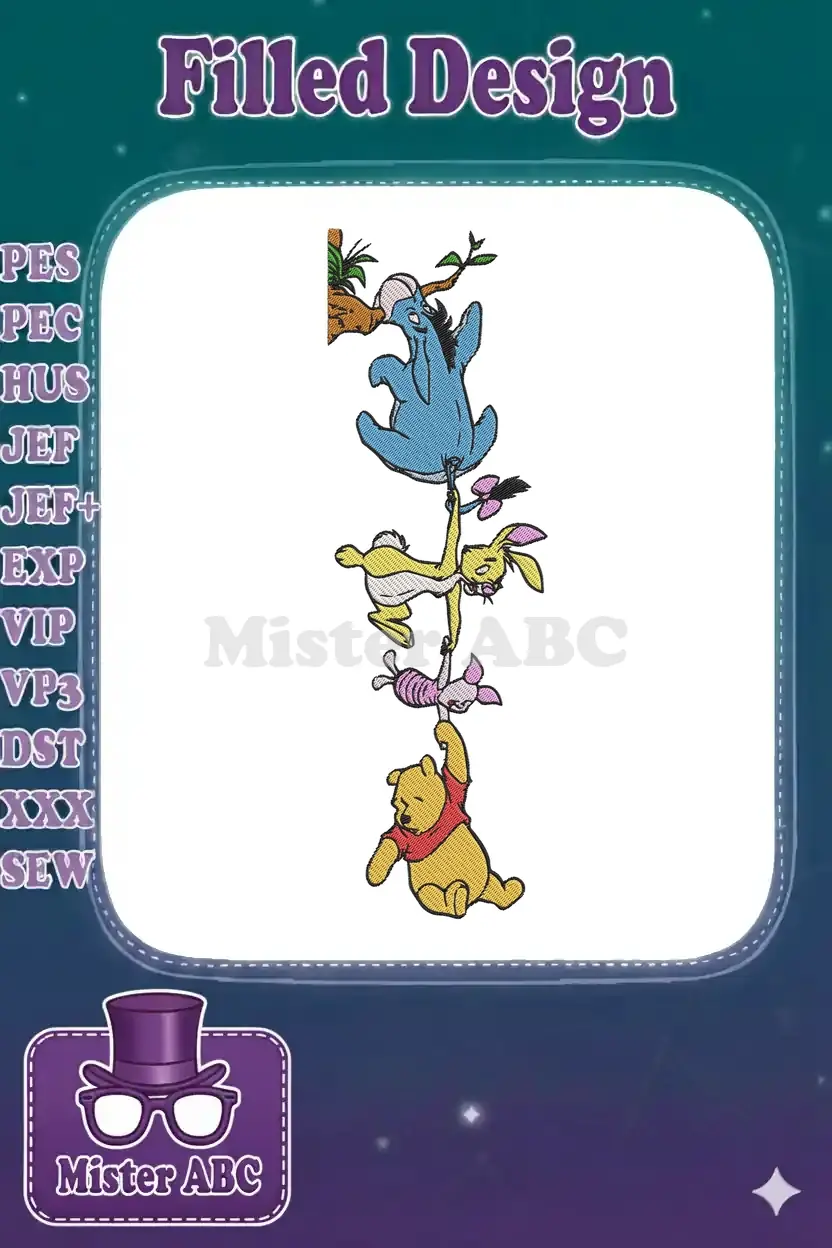 A charming embroidery design showing Winnie the Pooh, Piglet, Rabbit, and Eeyore forming a playful hanging chain.