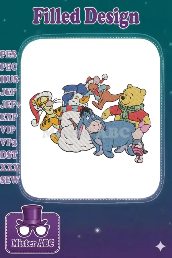Winnie the Pooh and friends, including Tigger, Eeyore, Piglet, Kanga, and Roo, celebrating Christmas with a snowman.