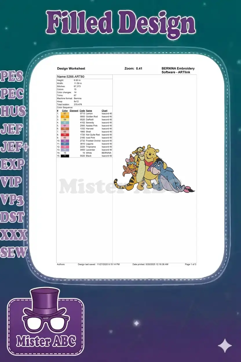 Embroidery design worksheet for Winnie the Pooh and friends, showing dimensions, stitch count, and color chart.