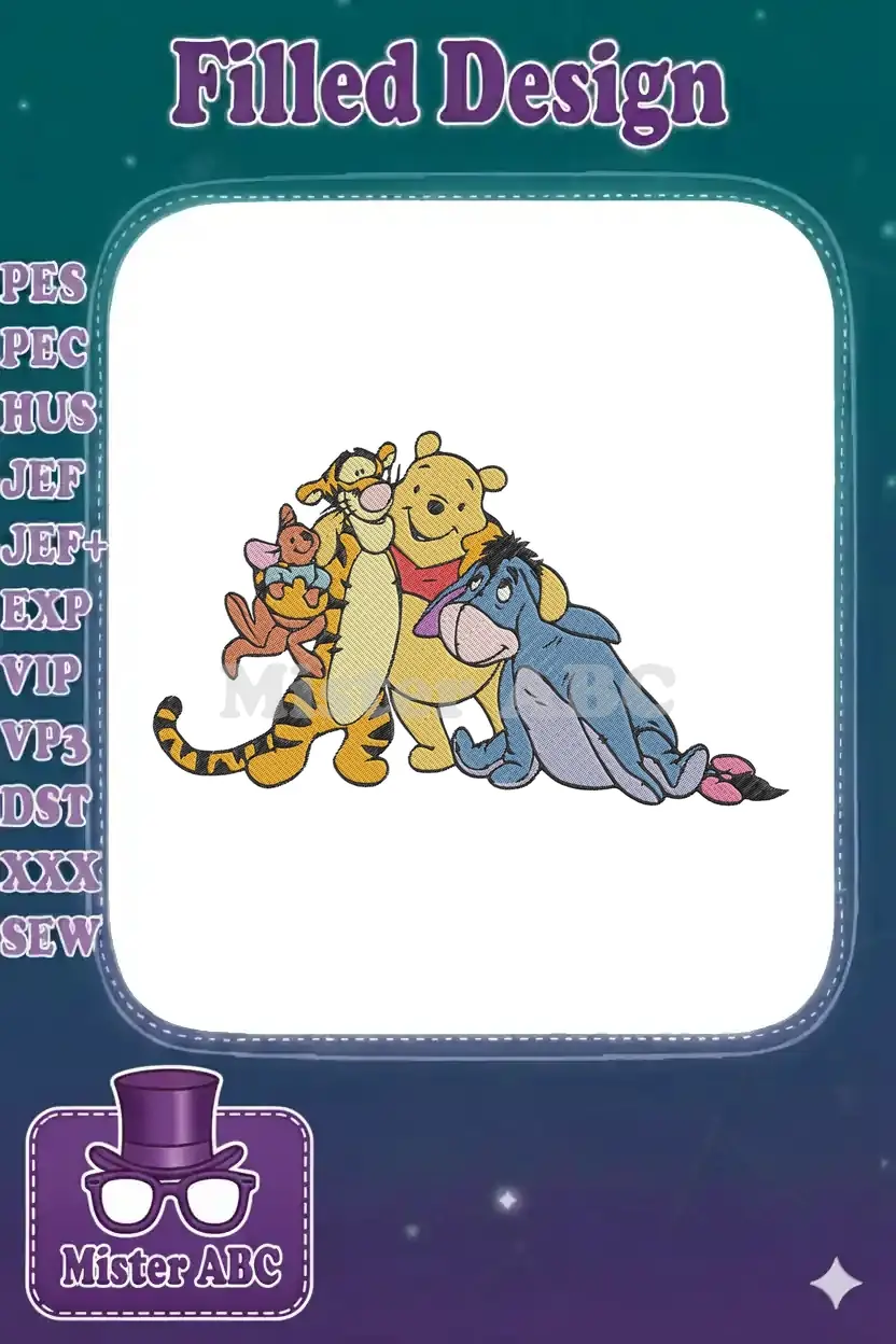 Winnie the Pooh, Tigger, Eeyore, and Roo together in a vibrant, detailed embroidery design, showcasing friendship.