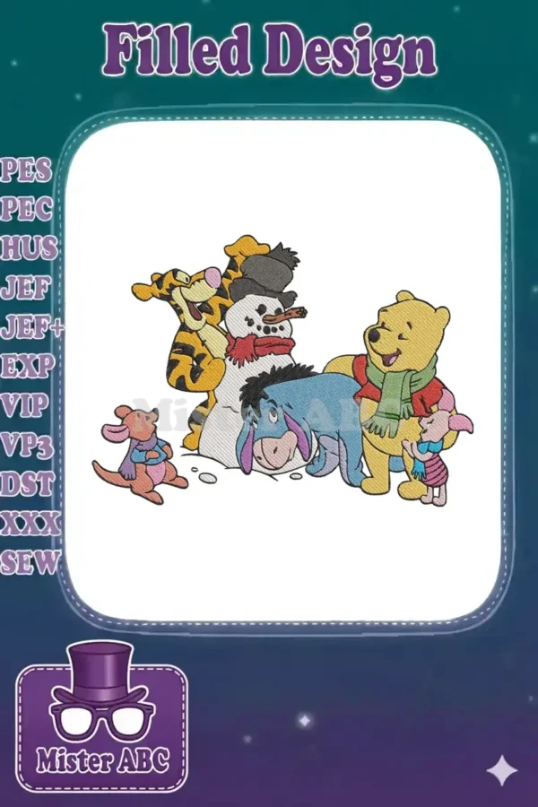 Delightful embroidery design of Winnie the Pooh, Tigger, Eeyore, Piglet, and Roo with a snowman, perfect for winter projects.