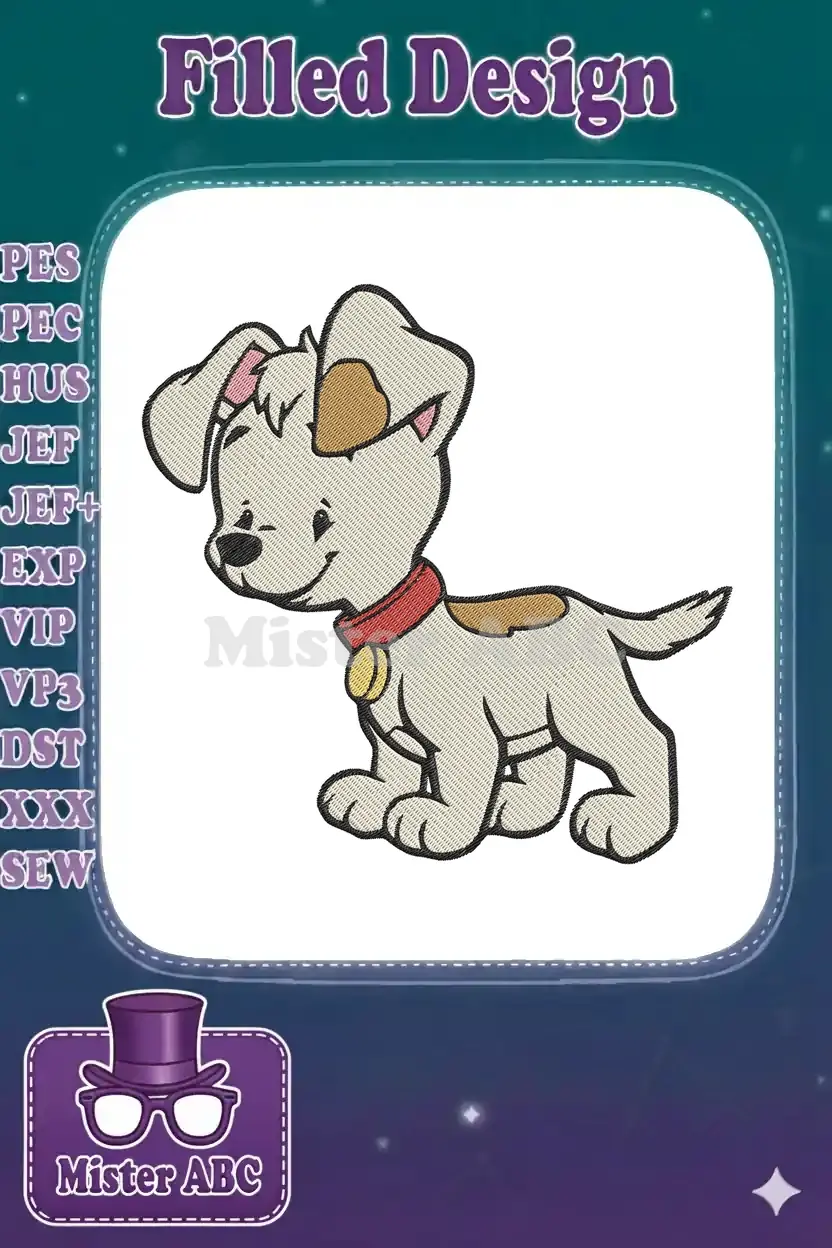 A delightful embroidery design of a happy, light-colored puppy with brown spots and a red collar with a yellow tag.