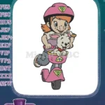 Cheerful girl with bunny riding pink scooter character embroidery designs - Instant Download