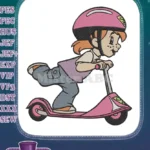 Cute cartoon girl wearing helmet riding pink scooter embroidery designs - Instant Download
