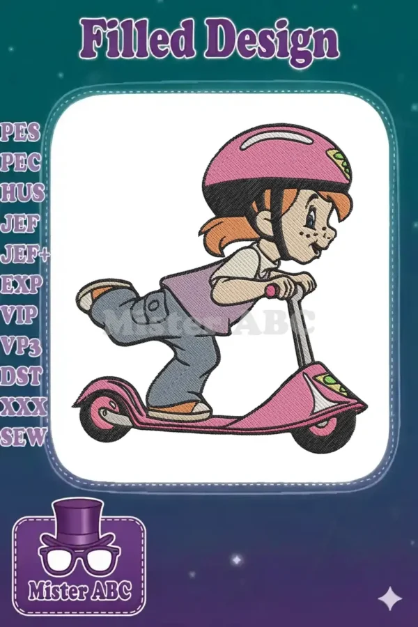 Vibrant embroidery design of a girl with a pink helmet and red hair riding a pink scooter, full of joyful movement.
