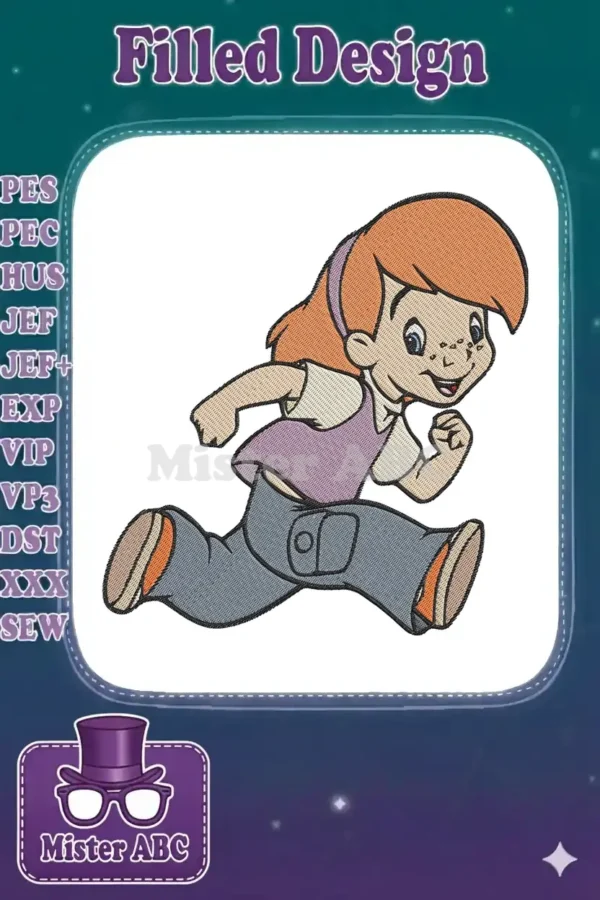 A delightful embroidery design of Penny from The Rescuers, running joyfully, featuring vibrant colors and detailed stitching.